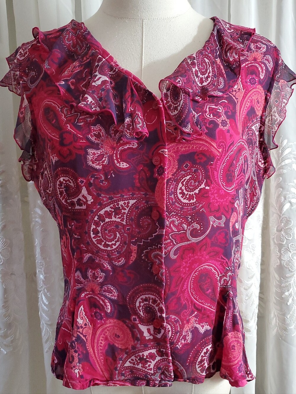 Worthington 100% Silk Paisley Ruffle Blouse Pink Purple Lined Womens Size 12